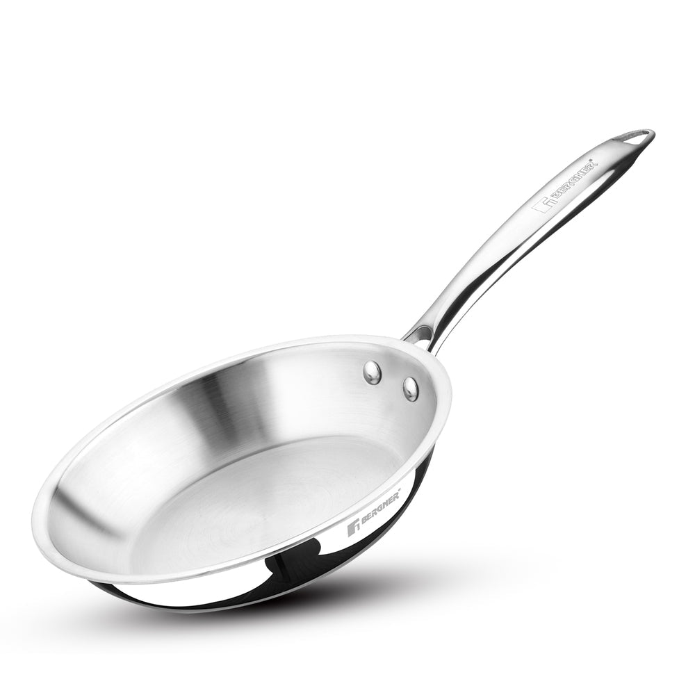 BERGNER Argent TriPly 22cm Frypan/Steel Pan, Scratch Resistant, for Spice Tempering/Seasoning, Less Oil Use, Stay Cool Long Handle, Mirror Finish, Easy to Clean - Induction and Gas Stove Ready