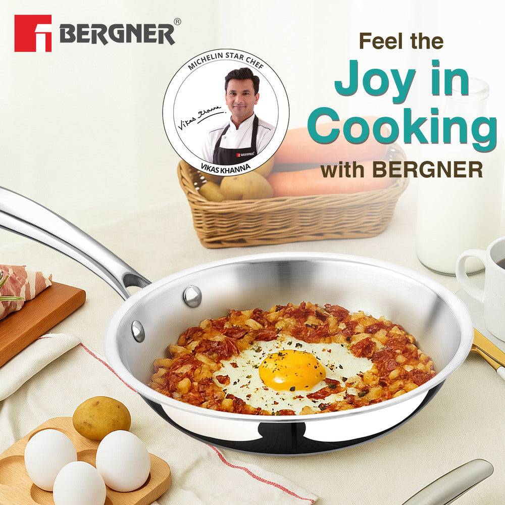 BERGNER Argent TriPly 20 cm Frypan/Steel Pan, Scratch Resistant, for Spice Tempering/Seasoning, Stay Cool Long Handle, Mirror Finish, Induction Ready, 5-Year Warranty by Bergner