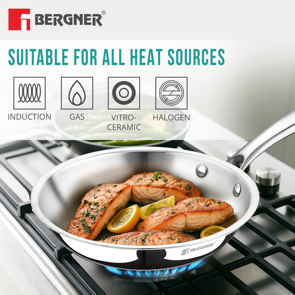 BERGNER Argent TriPly 22cm Frypan/Steel Pan, Scratch Resistant, for Spice Tempering/Seasoning, Less Oil Use, Stay Cool Long Handle, Mirror Finish, Easy to Clean - Induction and Gas Stove Ready