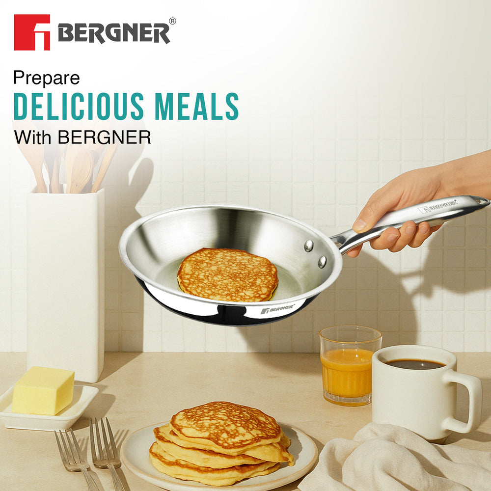 BERGNER Argent TriPly 22cm Frypan/Steel Pan, Scratch Resistant, for Spice Tempering/Seasoning, Less Oil Use, Stay Cool Long Handle, Mirror Finish, Easy to Clean - Induction and Gas Stove Ready