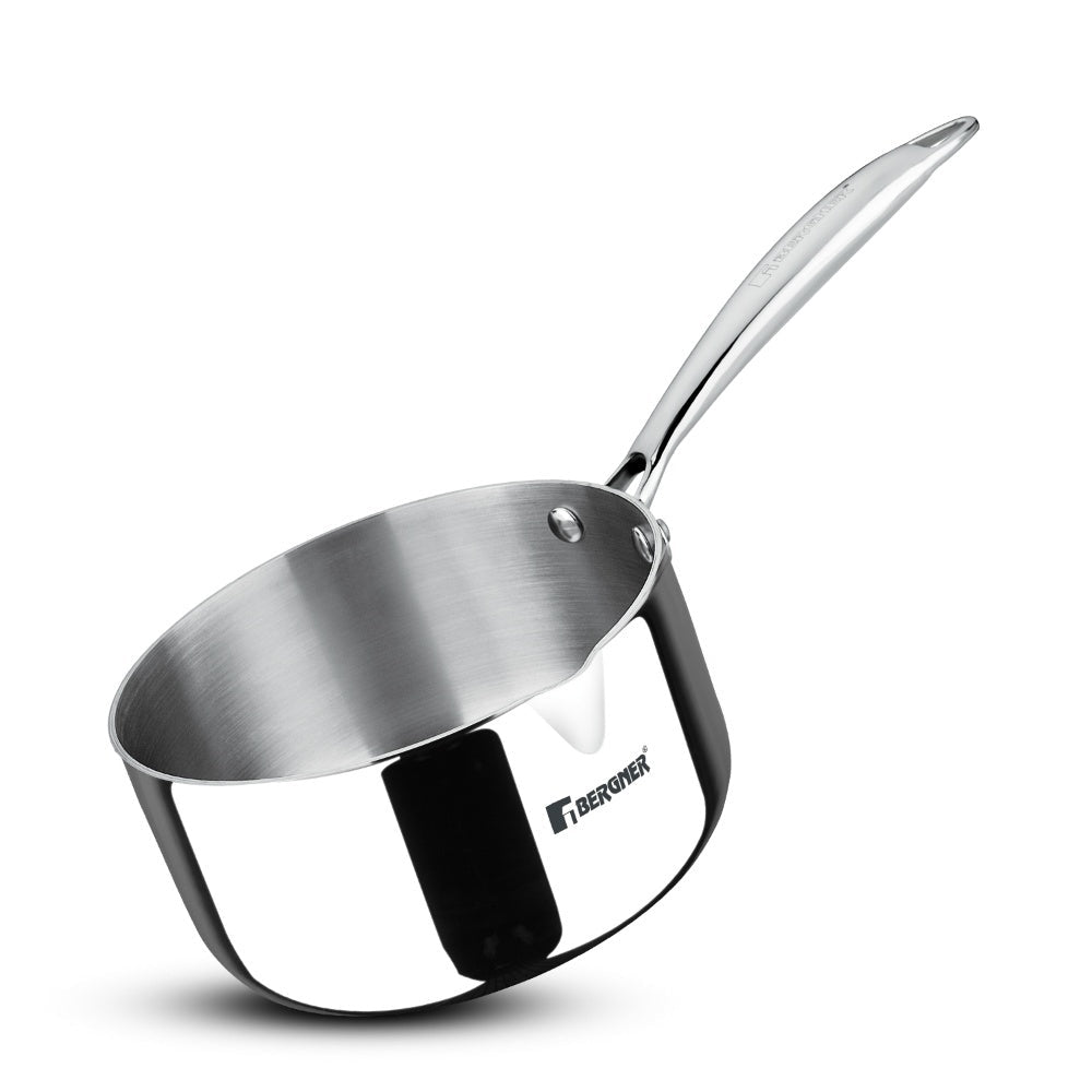 Bergner Argent TriPly Stainless Steel 14cm Saucepan with Stainless Steel Lid, 1 Liter Saucepan, Stay Cool Cast Handle, Food Safe, Less Oil Use, Durable, Healthy Cooking - Induction and Gas Stove Ready