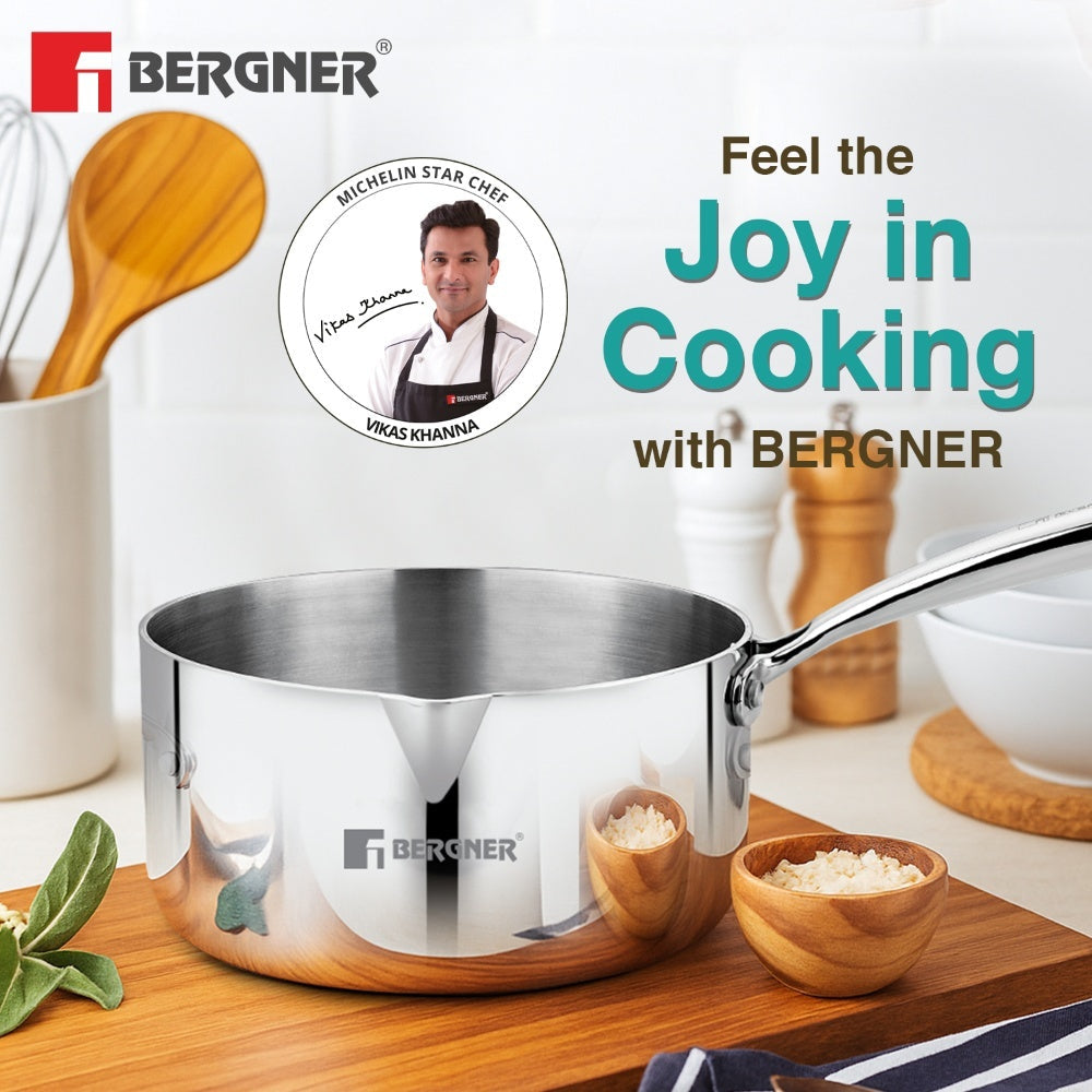 Bergner Argent TriPly Stainless Steel 20cm (2.9 L) Milkpan/Saucepan Pour Spout/Teapan, Stay Cool Cast Handle, Food Safe, Healthy, Non Toxic, Even Heat Distribution - Induction and Gas Stove Ready