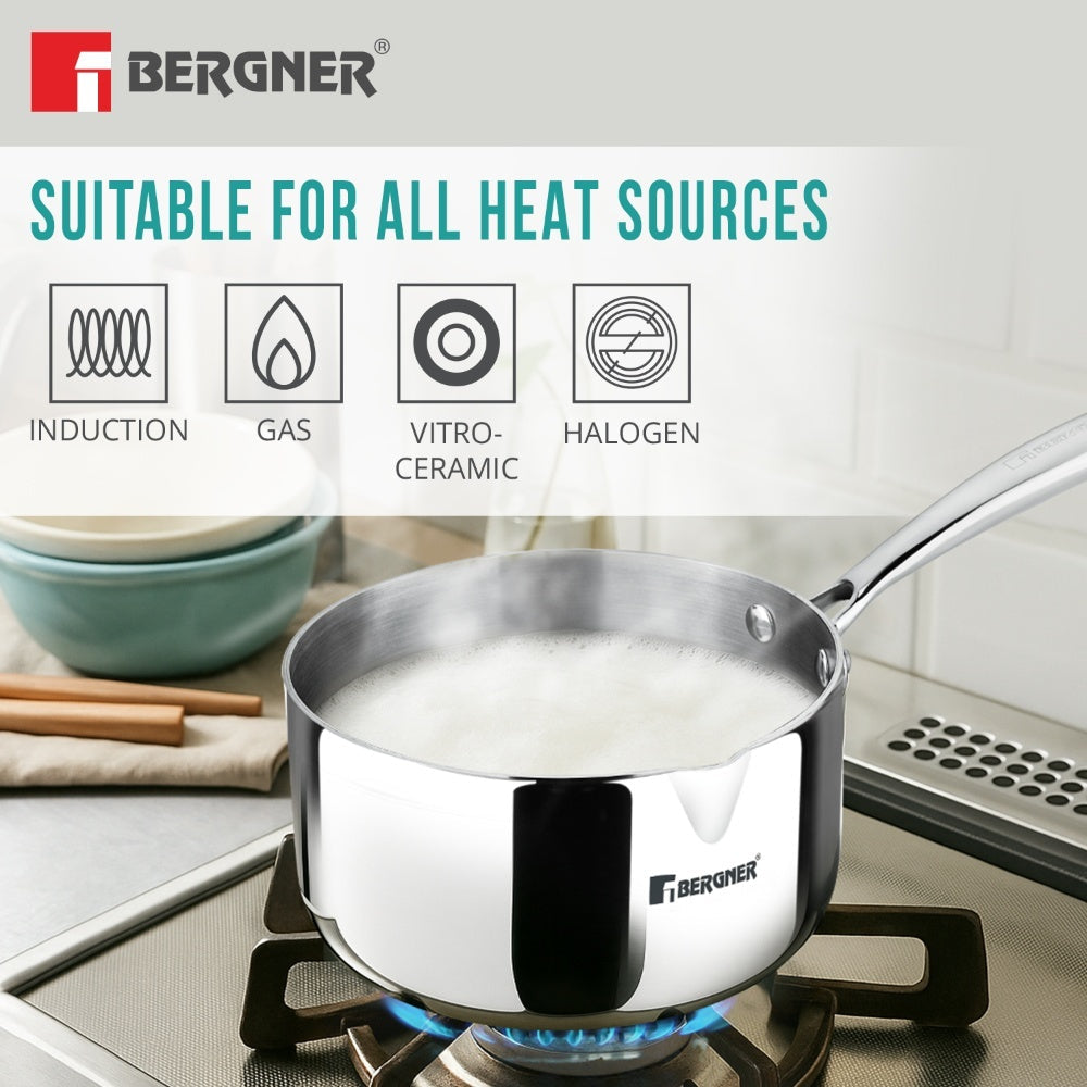 Bergner Argent TriPly Stainless Steel 20cm (2.9 L) Milkpan/Saucepan Pour Spout/Teapan, Stay Cool Cast Handle, Food Safe, Healthy, Non Toxic, Even Heat Distribution - Induction and Gas Stove Ready