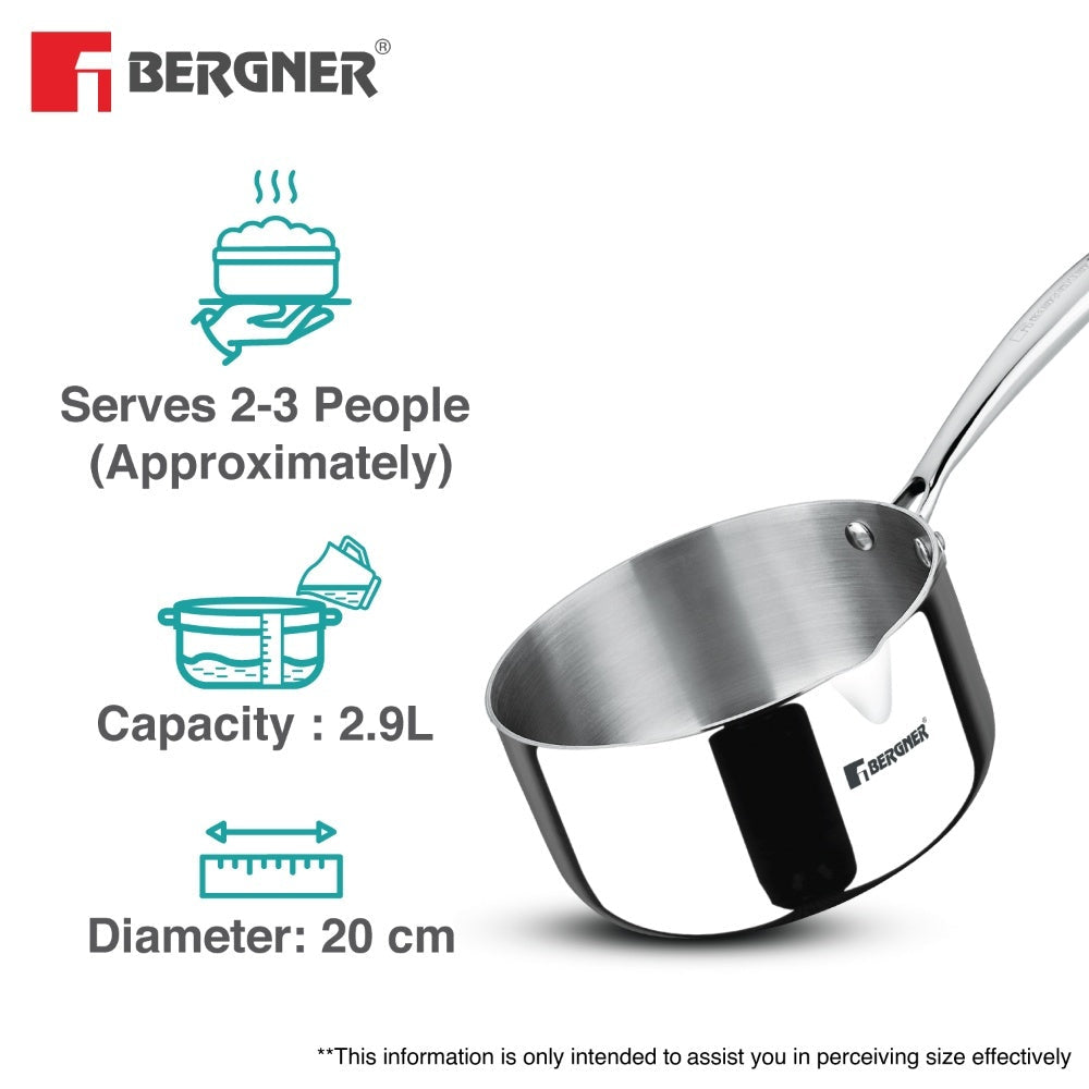 Bergner Argent TriPly Stainless Steel 20cm (2.9 L) Milkpan/Saucepan Pour Spout/Teapan, Stay Cool Cast Handle, Food Safe, Healthy, Non Toxic, Even Heat Distribution - Induction and Gas Stove Ready