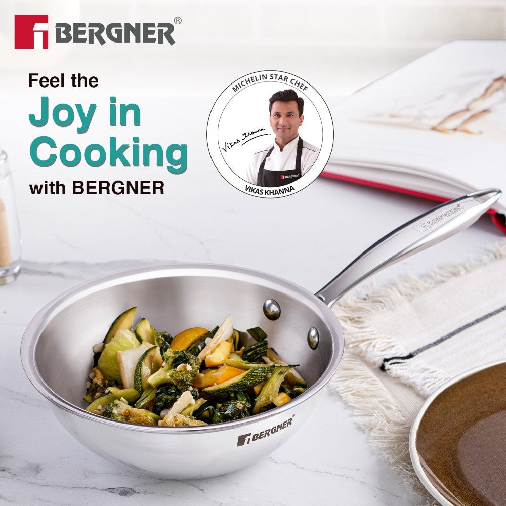 BERGNER Argent Junior Chef TriPly Stainless Steel 18cm (1.3 L) Wok, Mini Kadai, Mini Wok with Sturdy and Durable, Mirror Finish, Less Oil Use, Healthy, Non-Toxic - Induction and Gas Stove Ready