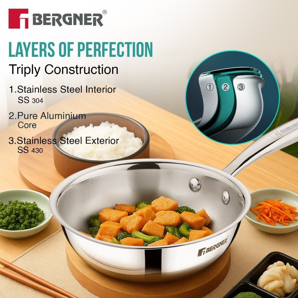 BERGNER Argent Junior Chef TriPly Stainless Steel 18cm (1.3 L) Wok, Mini Kadai, Mini Wok with Sturdy and Durable, Mirror Finish, Less Oil Use, Healthy, Non-Toxic - Induction and Gas Stove Ready