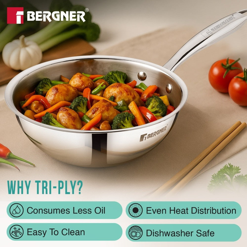 BERGNER Argent Junior Chef TriPly Stainless Steel 18cm (1.3 L) Wok, Mini Kadai, Mini Wok with Sturdy and Durable, Mirror Finish, Less Oil Use, Healthy, Non-Toxic - Induction and Gas Stove Ready