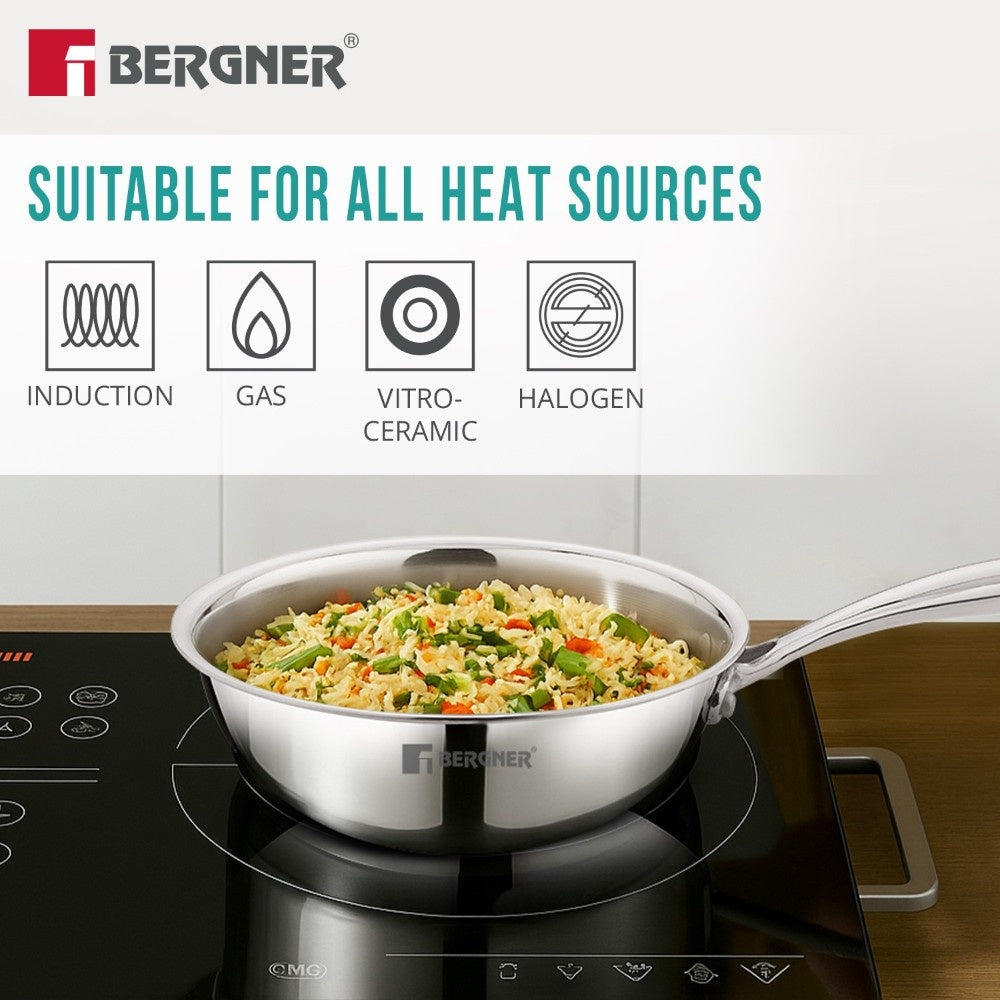BERGNER Argent Junior Chef TriPly Stainless Steel 18cm (1.3 L) Wok, Mini Kadai, Mini Wok with Sturdy and Durable, Mirror Finish, Less Oil Use, Healthy, Non-Toxic - Induction and Gas Stove Ready