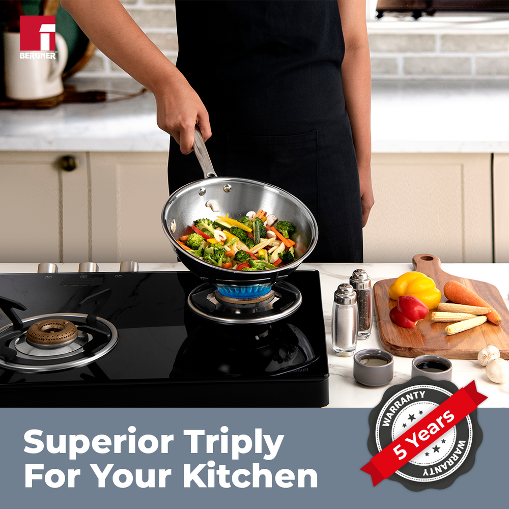 BERGNER Argent TriPly Stainless Steel 22cm Wok with Stainless Steel Lid, 2.2 L Kadai with Long Handle, Less Oil Use, Healthy Cooking, Food Safe, Flared Rim, Durable - Induction Bottom and Gas Ready