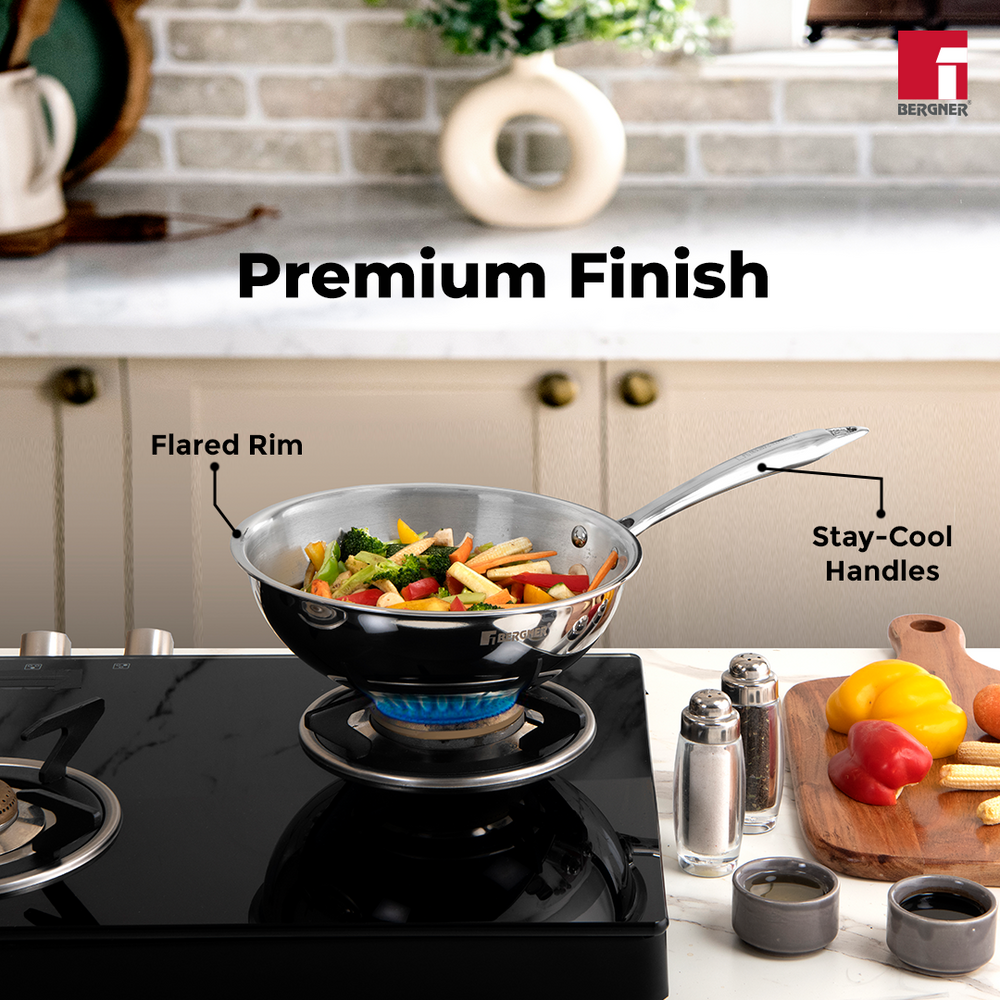 BERGNER Argent TriPly Stainless Steel 22cm Wok with Stainless Steel Lid, 2.2 L Kadai with Long Handle, Less Oil Use, Healthy Cooking, Food Safe, Flared Rim, Durable - Induction Bottom and Gas Ready