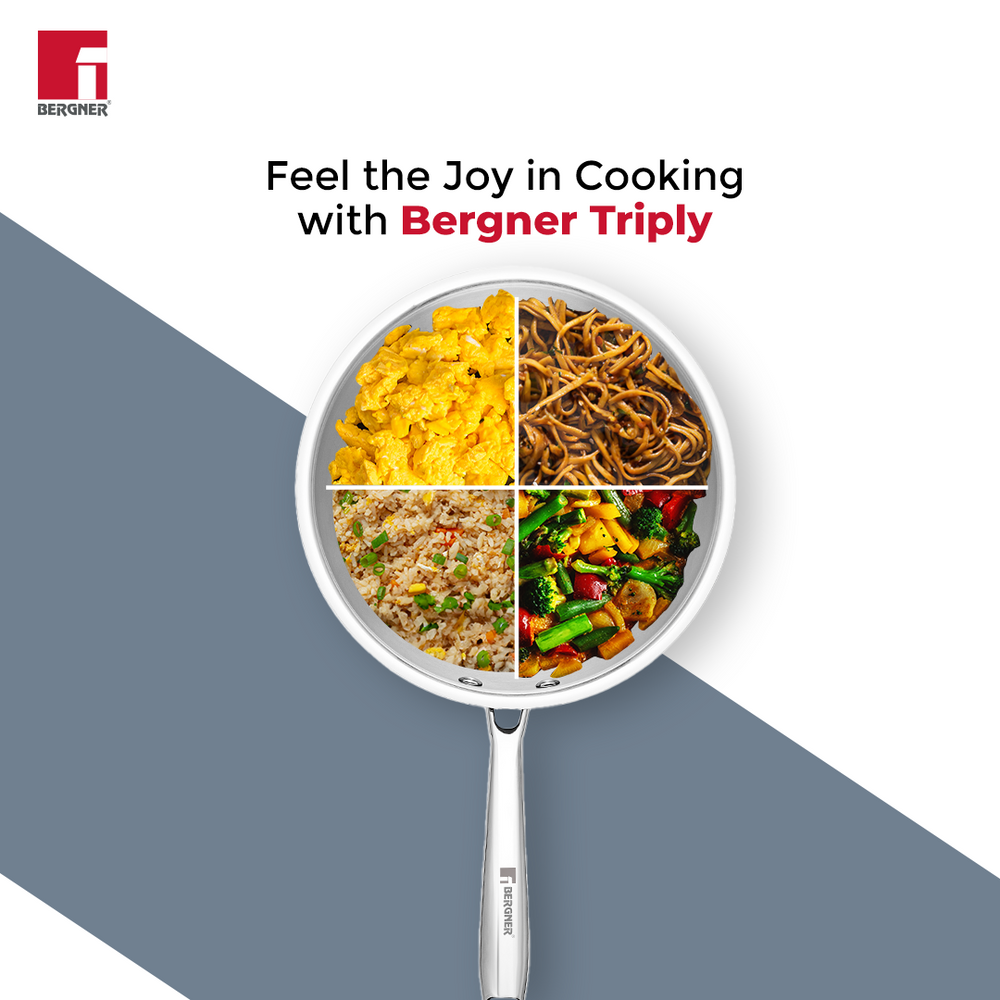 BERGNER Argent TriPly Stainless Steel 22cm Wok with Stainless Steel Lid, 2.2 L Kadai with Long Handle, Less Oil Use, Healthy Cooking, Food Safe, Flared Rim, Durable - Induction Bottom and Gas Ready