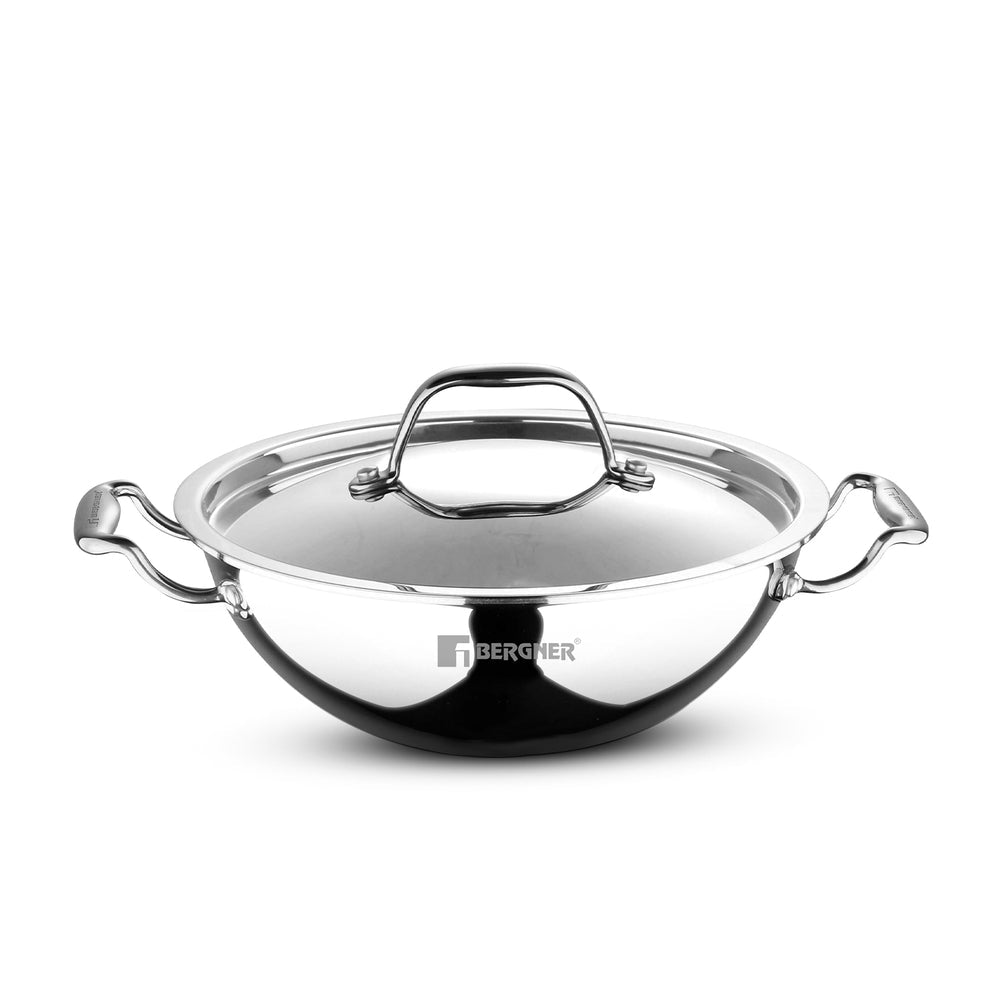 Bergner Argent TriPly Stainless Steel 20cm (2.3 Liters) Deep Kadai with Stainless Steel Lid, Less Oil Use, Healthy, Non-Toxic, Food Safe, Sturdy Stay Cool Cast Handles - Induction and Gas Stove Ready