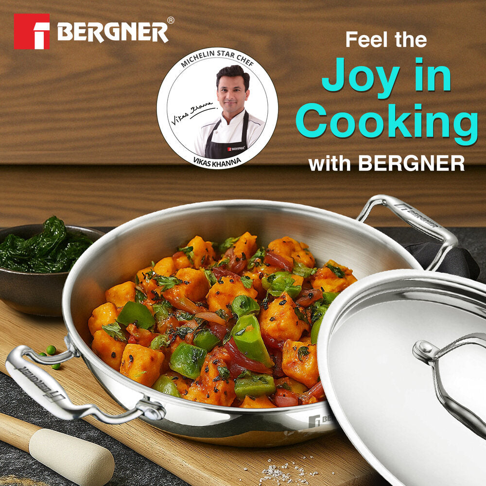 Bergner Argent TriPly Stainless Steel 20cm (2.3 Liters) Deep Kadai with Stainless Steel Lid, Less Oil Use, Healthy, Non-Toxic, Food Safe, Sturdy Stay Cool Cast Handles - Induction and Gas Stove Ready