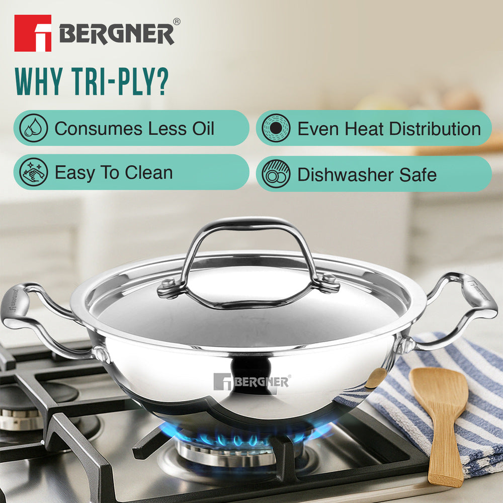 Bergner Argent TriPly Stainless Steel 20cm (2.3 Liters) Deep Kadai with Stainless Steel Lid, Less Oil Use, Healthy, Non-Toxic, Food Safe, Sturdy Stay Cool Cast Handles - Induction and Gas Stove Ready