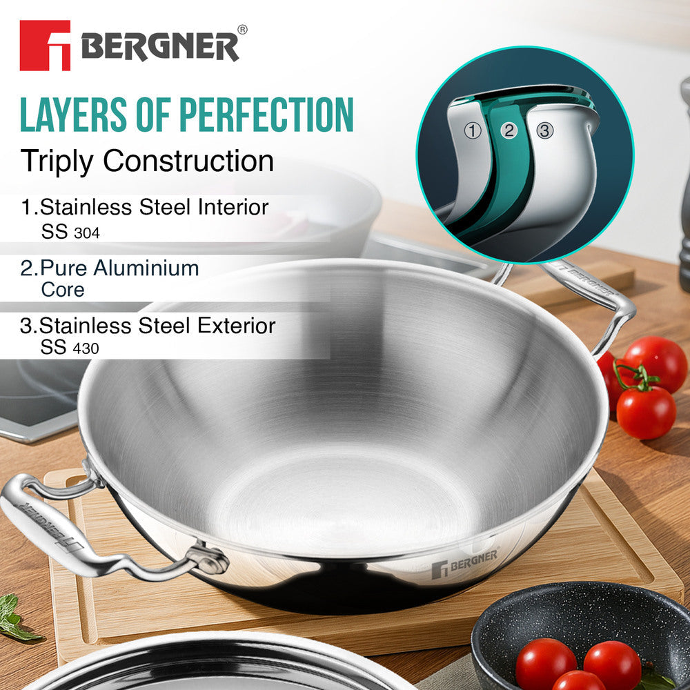 Bergner Argent TriPly Stainless Steel 20cm (2.3 Liters) Deep Kadai with Stainless Steel Lid, Less Oil Use, Healthy, Non-Toxic, Food Safe, Sturdy Stay Cool Cast Handles - Induction and Gas Stove Ready