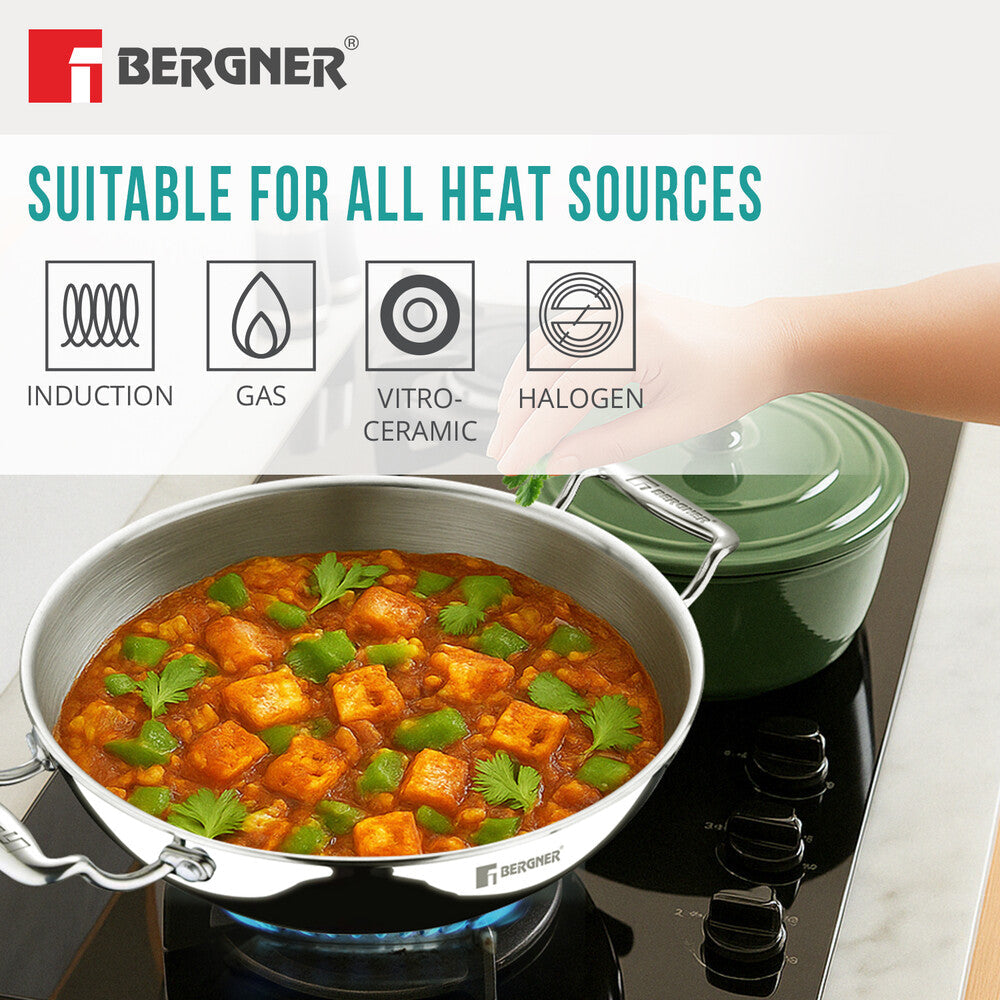 Bergner Argent TriPly Stainless Steel 20cm (2.3 Liters) Deep Kadai with Stainless Steel Lid, Less Oil Use, Healthy, Non-Toxic, Food Safe, Sturdy Stay Cool Cast Handles - Induction and Gas Stove Ready