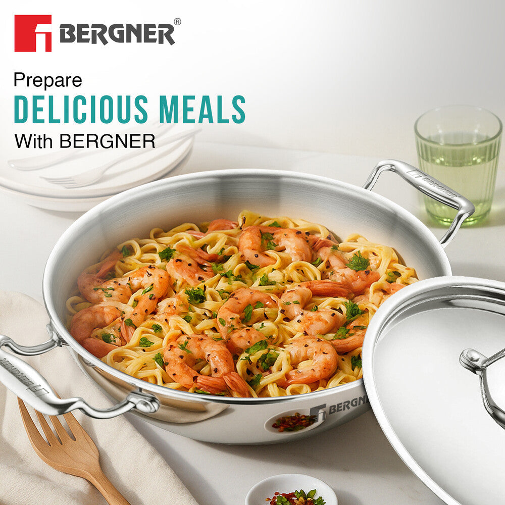 Bergner Argent TriPly Stainless Steel 20cm (2.3 Liters) Deep Kadai with Stainless Steel Lid, Less Oil Use, Healthy, Non-Toxic, Food Safe, Sturdy Stay Cool Cast Handles - Induction and Gas Stove Ready