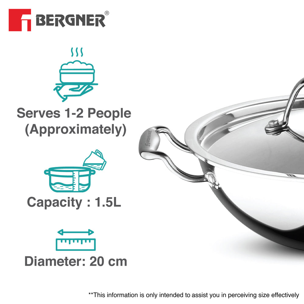 Bergner Argent TriPly Stainless Steel 20cm (2.3 Liters) Deep Kadai with Stainless Steel Lid, Less Oil Use, Healthy, Non-Toxic, Food Safe, Sturdy Stay Cool Cast Handles - Induction and Gas Stove Ready