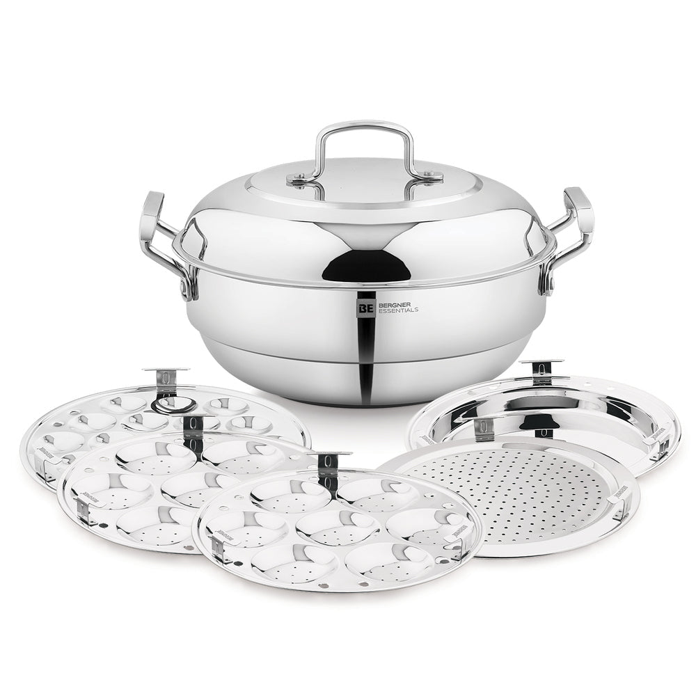 BERGNER BE Essentials Triply Stainless Steel 27cm Multi Kadai - 2 Pcs Idli Plates, 1 Pc Appam Plate with 19 Cavities, 1 Pc Patra Plate and 1 Pc Steam Plate, Less Cooking Oil - Induction Bottom