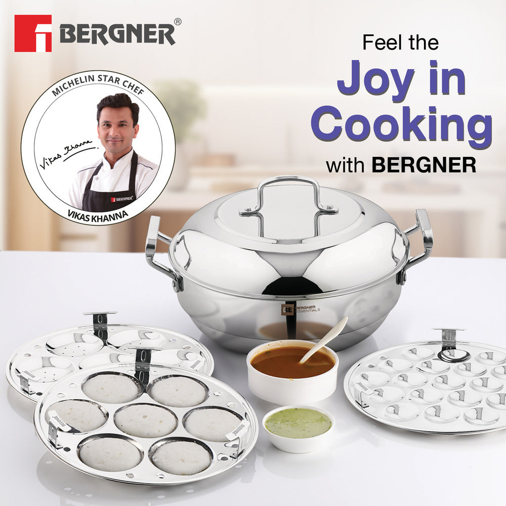 BERGNER BE Essentials Triply Stainless Steel 27cm Multi Kadai - 2 Pcs Idli Plates, 1 Pc Appam Plate with 19 Cavities, 1 Pc Patra Plate and 1 Pc Steam Plate, Less Cooking Oil - Induction Bottom