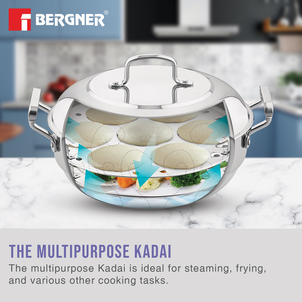 BERGNER BE Essentials Triply Stainless Steel 27cm Multi Kadai - 2 Pcs Idli Plates, 1 Pc Appam Plate with 19 Cavities, 1 Pc Patra Plate and 1 Pc Steam Plate, Less Cooking Oil - Induction Bottom