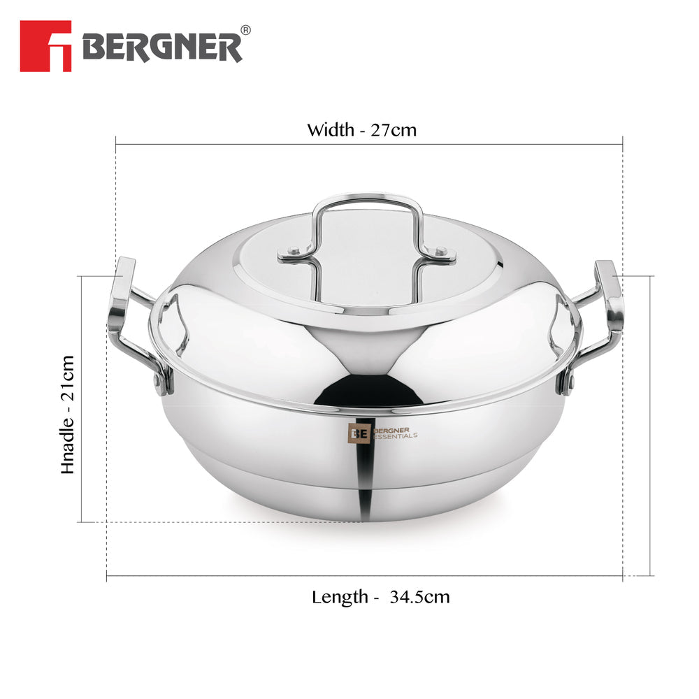 BERGNER BE Essentials Triply Stainless Steel 21cm Multi Kadai - 2 Pcs Idli Plates, 1 Pc Appam Plate with 19 Cavities, 1 Pc Patra Plate and 1 Pc Steam Plate, Less Cooking Oil - Induction Bottom