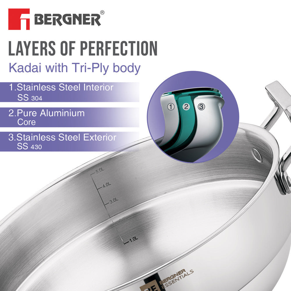 BERGNER BE Essentials Triply Stainless Steel 27cm Multi Kadai - 2 Pcs Idli Plates, 1 Pc Appam Plate with 19 Cavities, 1 Pc Patra Plate and 1 Pc Steam Plate, Less Cooking Oil - Induction Bottom