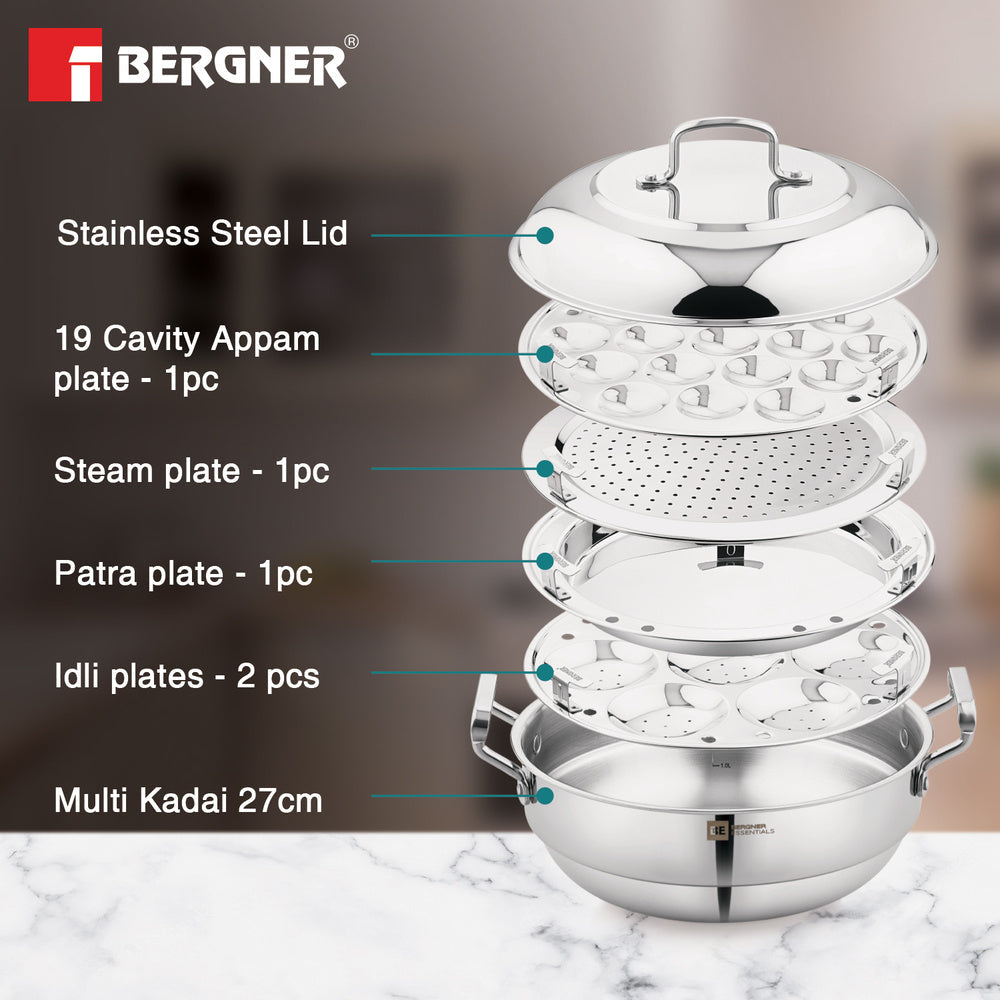 BERGNER BE Essentials Triply Stainless Steel 27cm Multi Kadai - 2 Pcs Idli Plates, 1 Pc Appam Plate with 19 Cavities, 1 Pc Patra Plate and 1 Pc Steam Plate, Less Cooking Oil - Induction Bottom