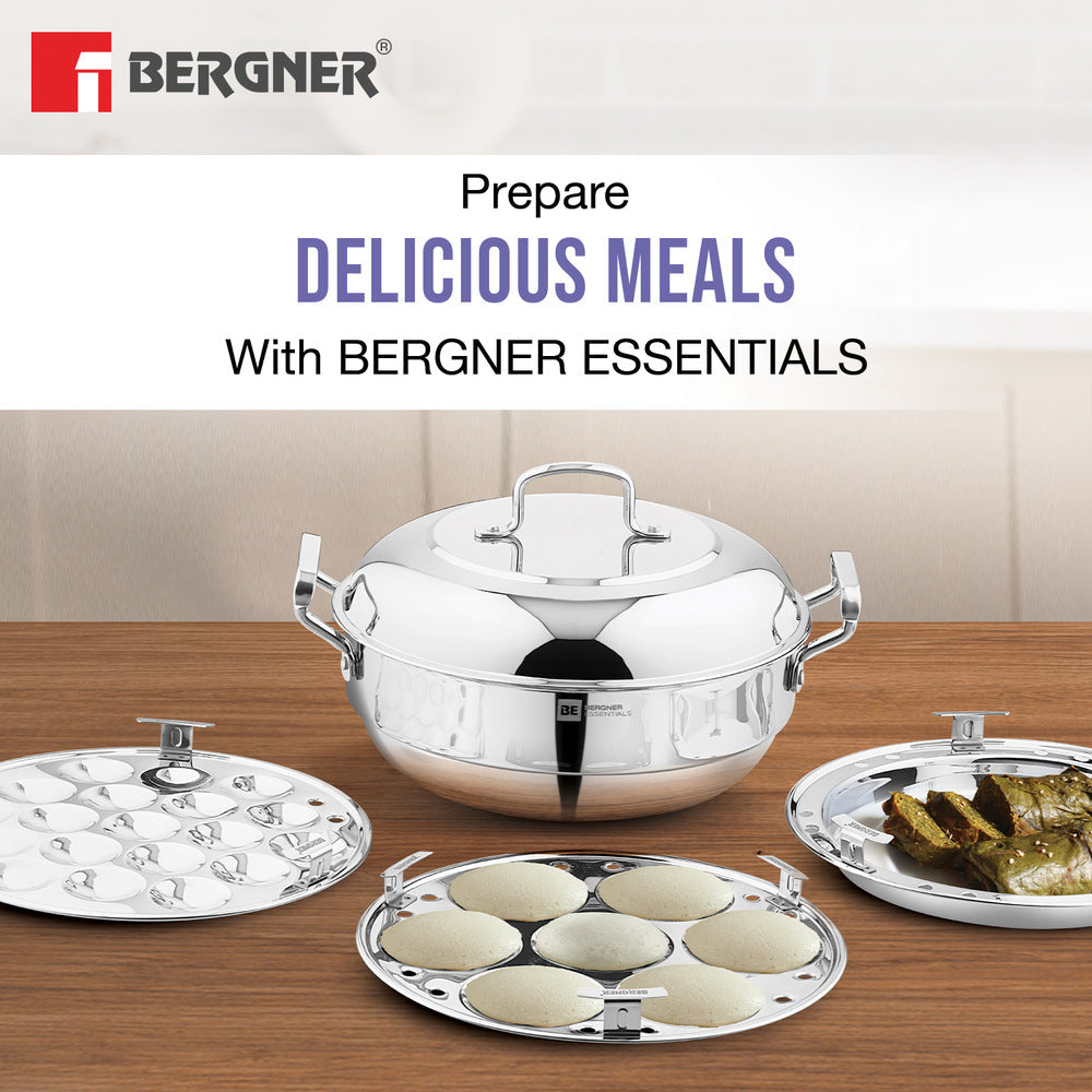 BERGNER BE Essentials Triply Stainless Steel 27cm Multi Kadai - 2 Pcs Idli Plates, 1 Pc Appam Plate with 19 Cavities, 1 Pc Patra Plate and 1 Pc Steam Plate, Less Cooking Oil - Induction Bottom