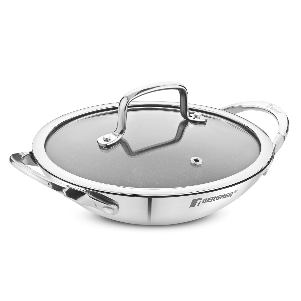 Bergner Argent Samsara Triply Stainless Steel 21cm Appachetty/Appachatti with Glass Lid, Quantanium Non-Stick Coating, Consumes Less Oil, Healthy Cooking, Even and Fast Heating, Gas Stove Compatible