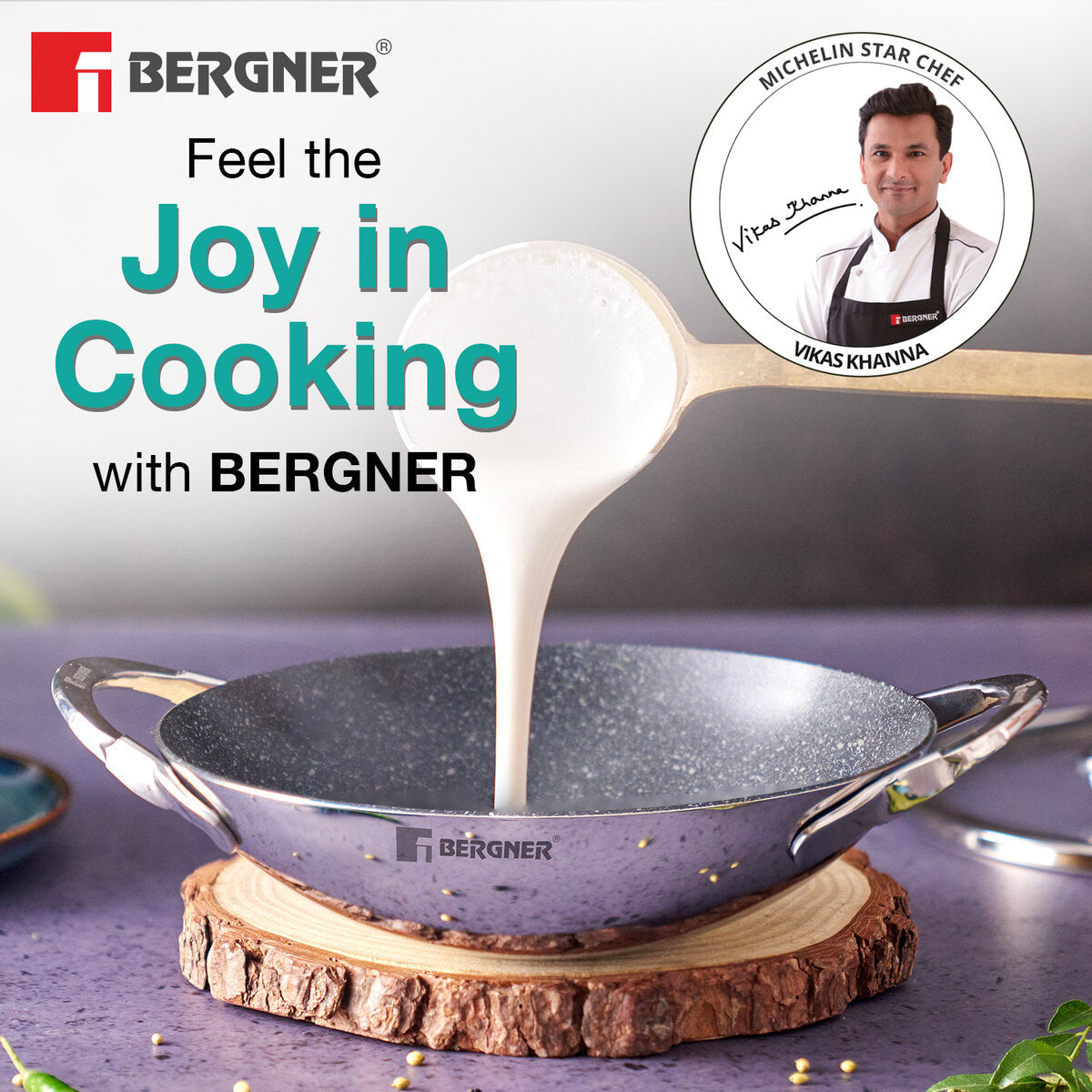 Bergner Argent Samsara Triply Stainless Steel 21cm Appachetty/Appachatti with Glass Lid, Quantanium Non-Stick Coating, Consumes Less Oil, Healthy Cooking, Even and Fast Heating, Gas Stove Compatible