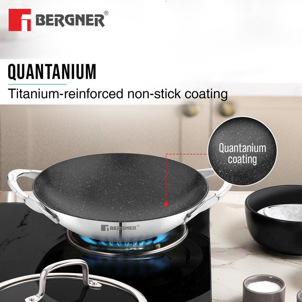 Bergner Argent Samsara Triply Stainless Steel 21cm Appachetty/Appachatti with Glass Lid, Quantanium Non-Stick Coating, Consumes Less Oil, Healthy Cooking, Even and Fast Heating, Gas Stove Compatible