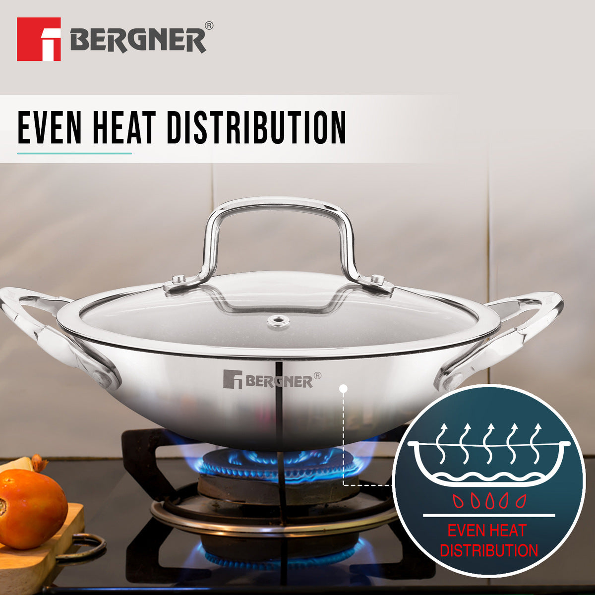 Bergner Argent Samsara Triply Stainless Steel 21cm Appachetty/Appachatti with Glass Lid, Quantanium Non-Stick Coating, Consumes Less Oil, Healthy Cooking, Even and Fast Heating, Gas Stove Compatible