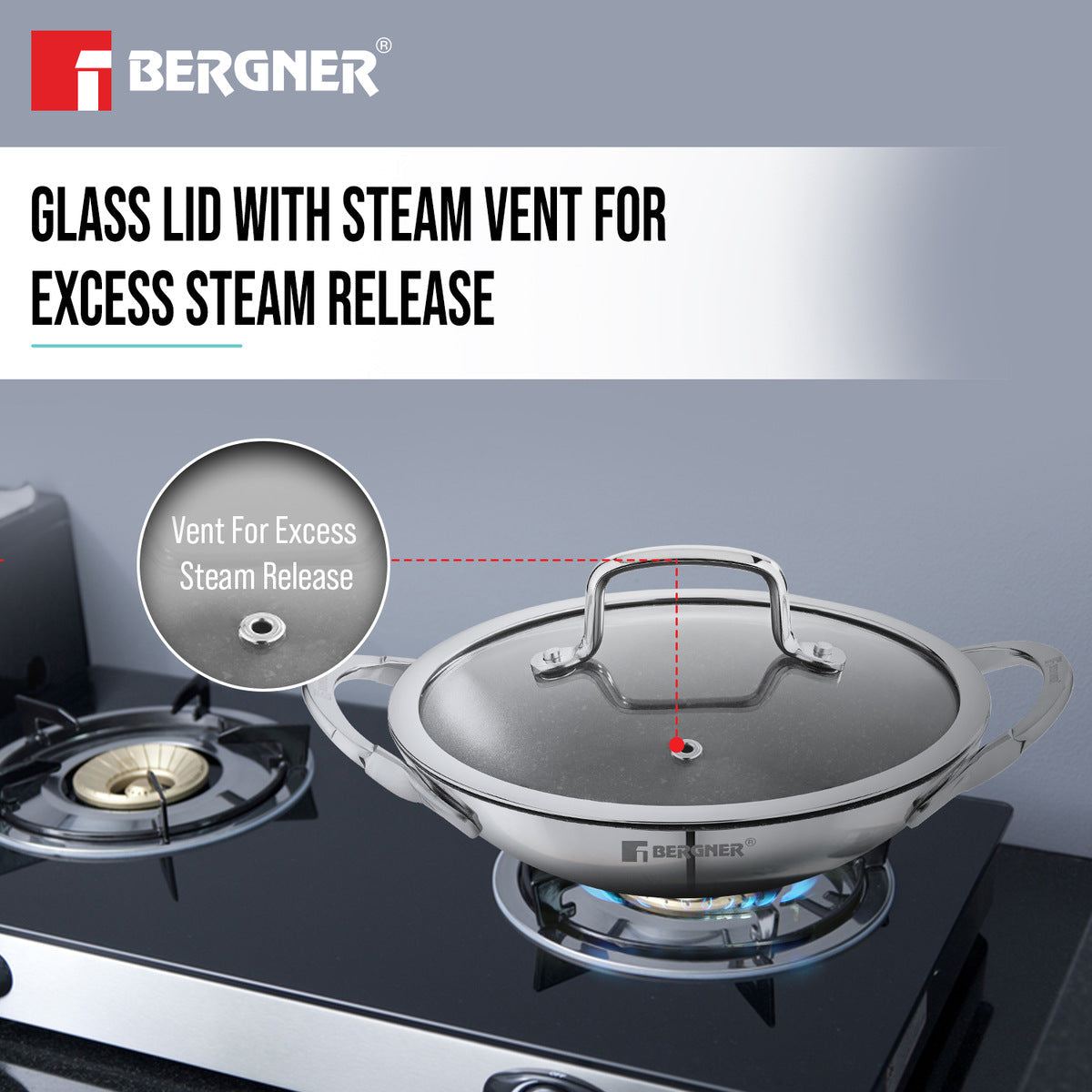 Bergner Argent Samsara Triply Stainless Steel 21cm Appachetty/Appachatti with Glass Lid, Quantanium Non-Stick Coating, Consumes Less Oil, Healthy Cooking, Even and Fast Heating, Gas Stove Compatible