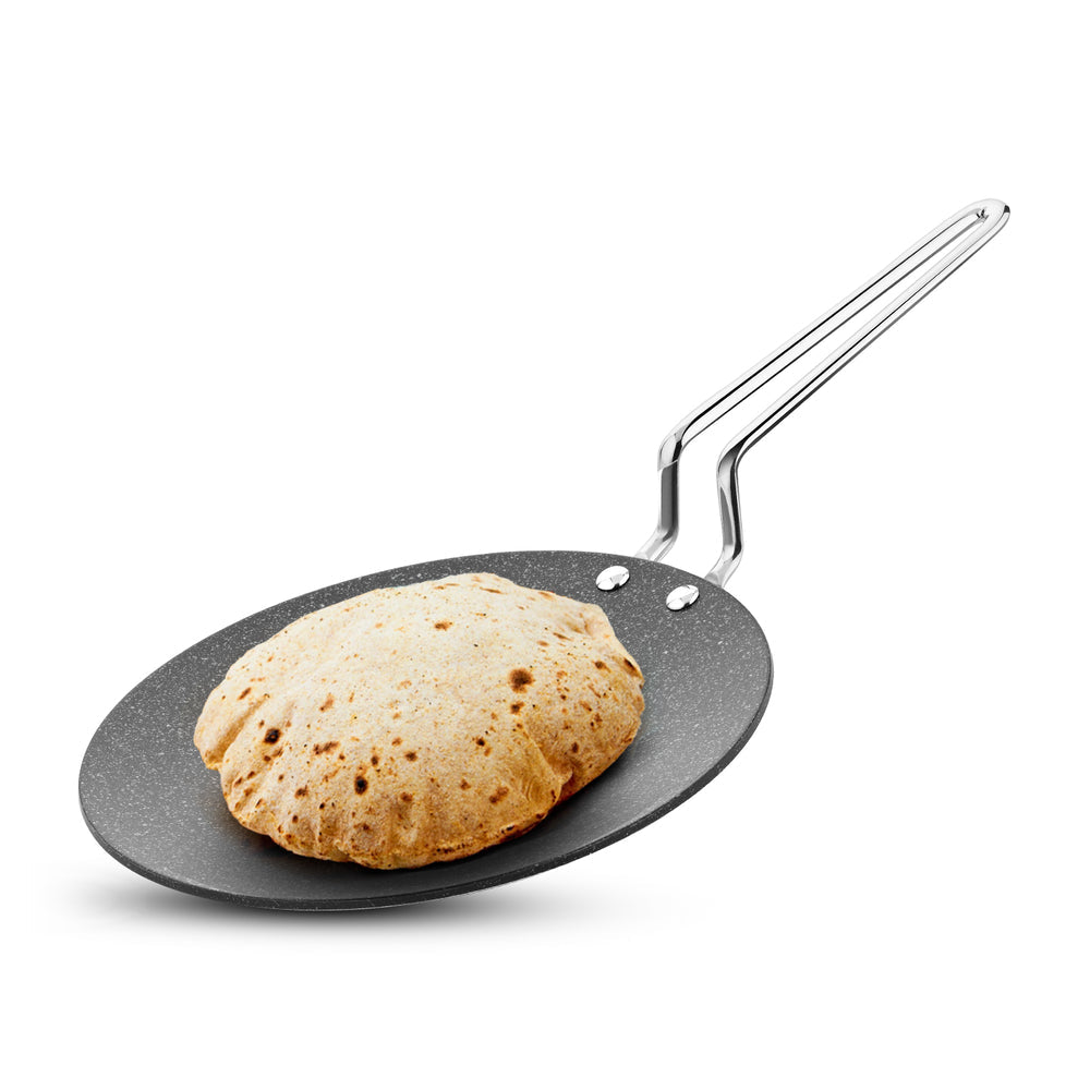 BERGNER Argent Samsara Triply Stainless Steel 28cm Roti Tawa with Quantanium Non-Stick Coating, Stay Cool Handle, Less Oil Use, PFOA Free, Even and Fast Heating, Easy to Clean - Induction Compatible