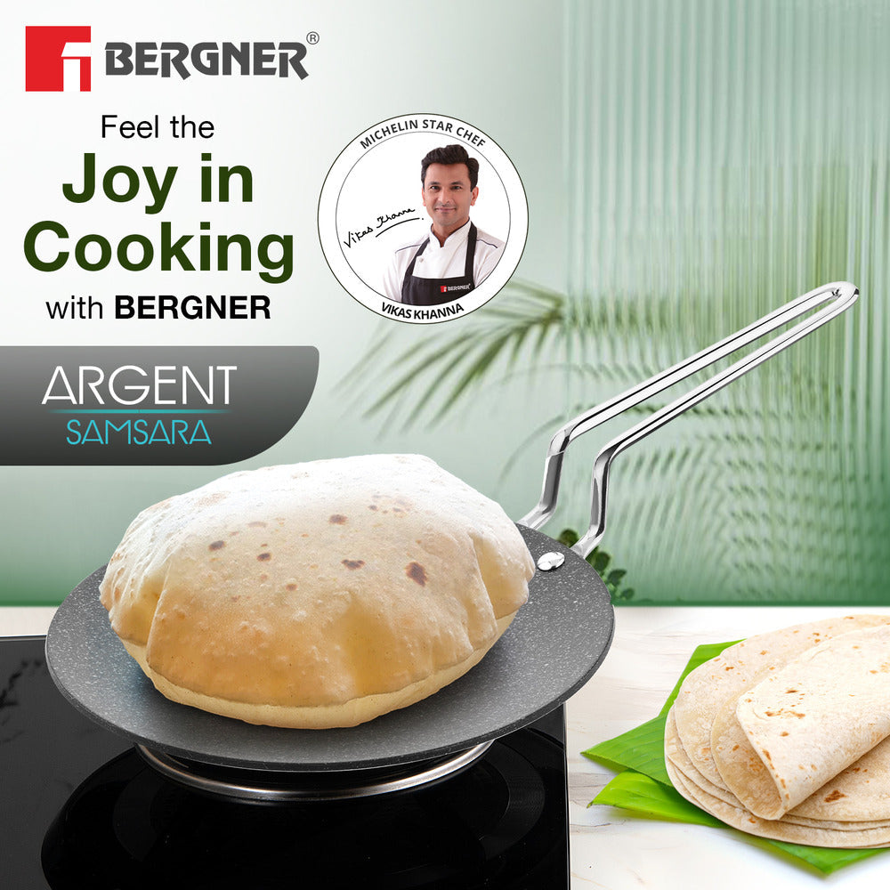 BERGNER Argent Samsara Triply Stainless Steel 28cm Roti Tawa with Quantanium Non-Stick Coating, Stay Cool Handle, Less Oil Use, PFOA Free, Even and Fast Heating, Easy to Clean - Induction Compatible