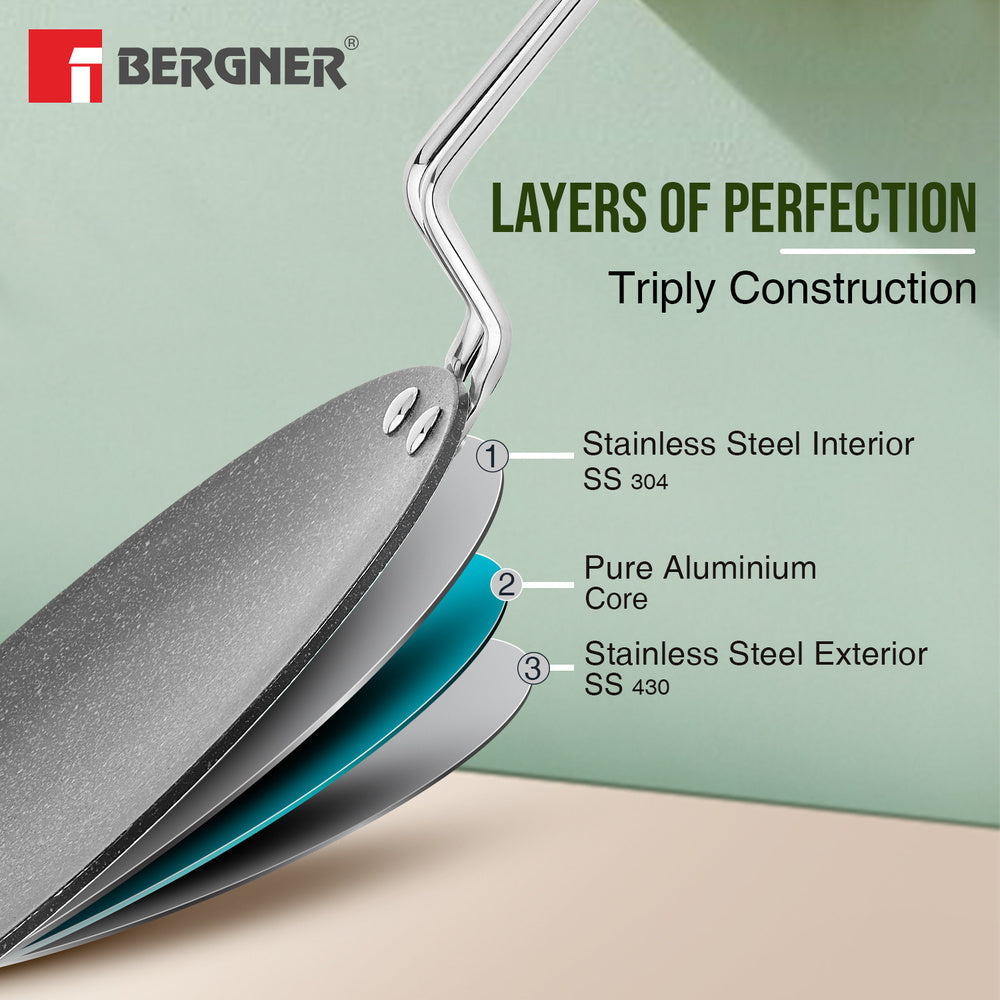 BERGNER Argent Samsara Triply Stainless Steel 28cm Roti Tawa with Quantanium Non-Stick Coating, Stay Cool Handle, Less Oil Use, PFOA Free, Even and Fast Heating, Easy to Clean - Induction Compatible