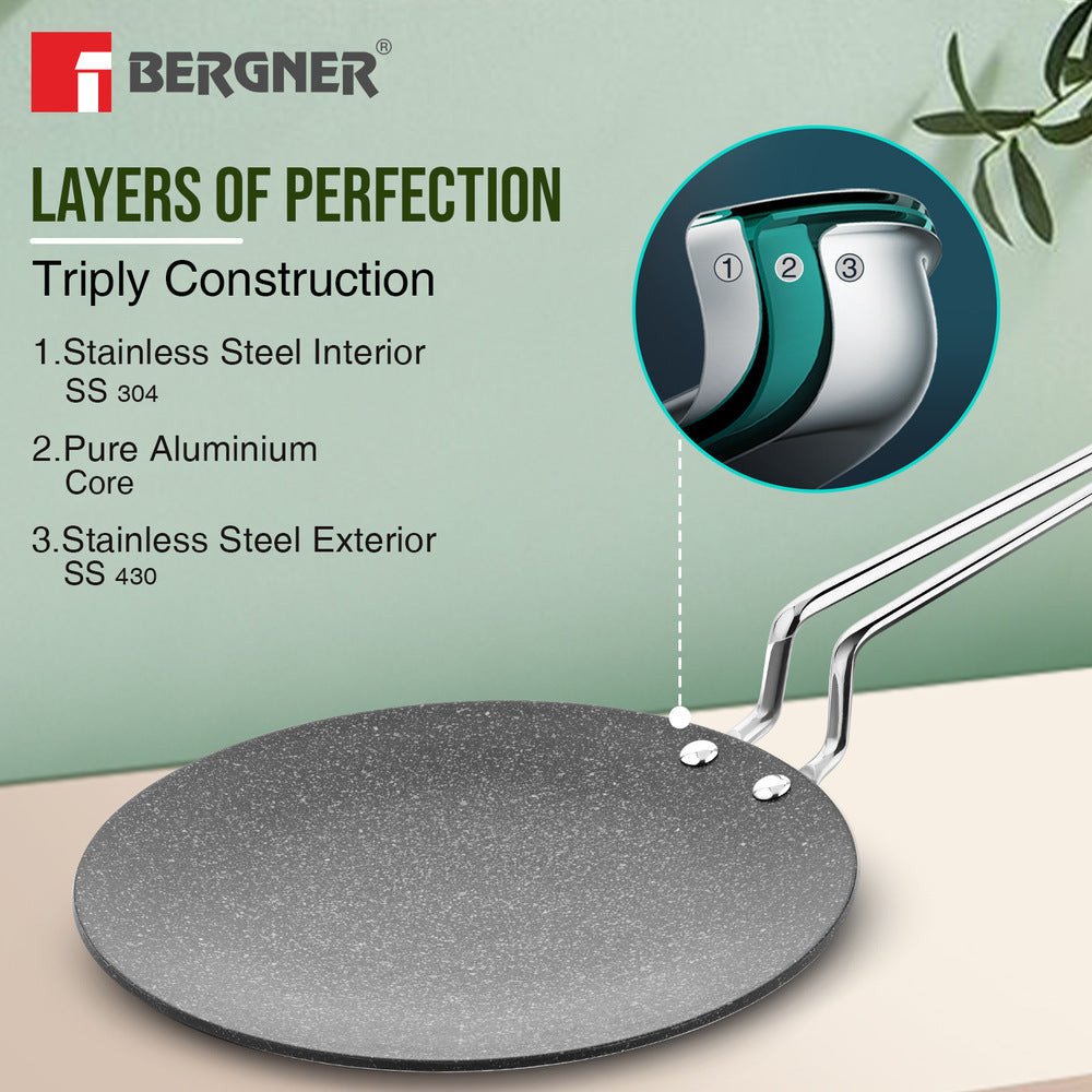 BERGNER Argent Samsara Triply Stainless Steel 28cm Roti Tawa with Quantanium Non-Stick Coating, Stay Cool Handle, Less Oil Use, PFOA Free, Even and Fast Heating, Easy to Clean - Induction Compatible