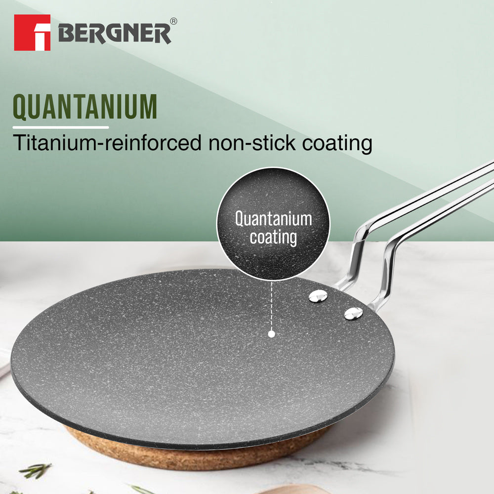 BERGNER Argent Samsara Triply Stainless Steel 28cm Roti Tawa with Quantanium Non-Stick Coating, Stay Cool Handle, Less Oil Use, PFOA Free, Even and Fast Heating, Easy to Clean - Induction Compatible