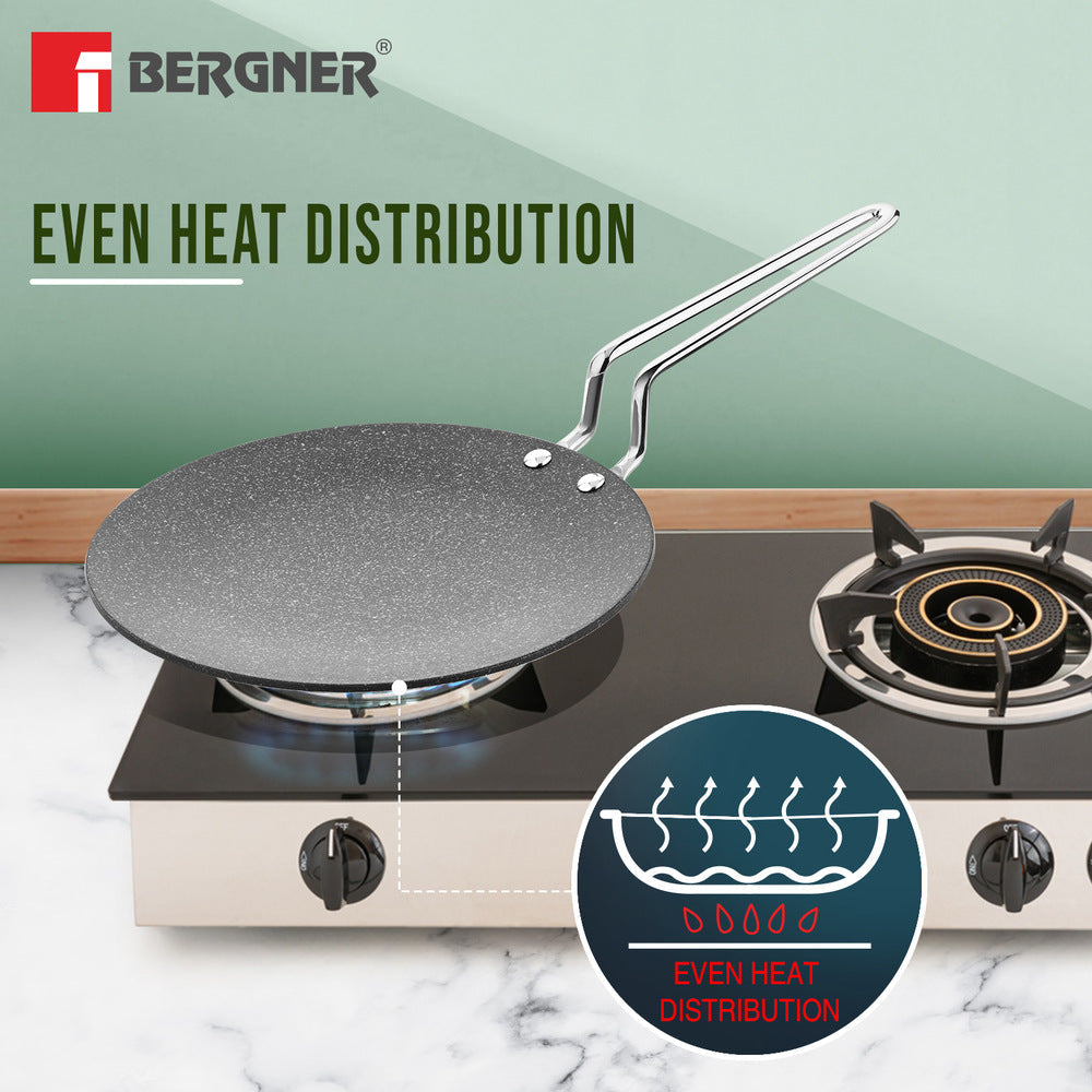 BERGNER Argent Samsara Triply Stainless Steel 28cm Roti Tawa with Quantanium Non-Stick Coating, Stay Cool Handle, Less Oil Use, PFOA Free, Even and Fast Heating, Easy to Clean - Induction Compatible