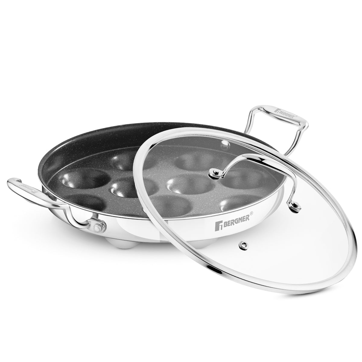 BERGNER Argent Samsara Triply Stainless Steel 11 Pits (25cm) Round Paniyarakkal with Glass Lid, Paniyaram with Quantanium Non-Stick Coating, Consumes Less Oil, Healthy Cooking - Induction Compatible