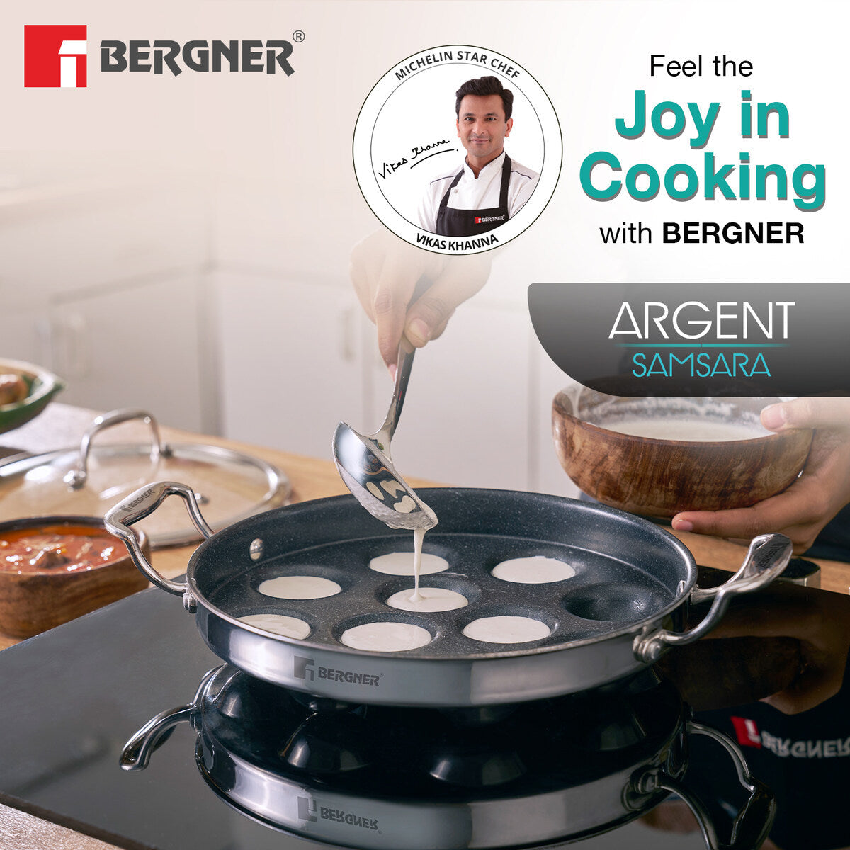 BERGNER Argent Samsara Triply Stainless Steel 11 Pits (25cm) Round Paniyarakkal with Glass Lid, Paniyaram with Quantanium Non-Stick Coating, Consumes Less Oil, Healthy Cooking - Induction Compatible