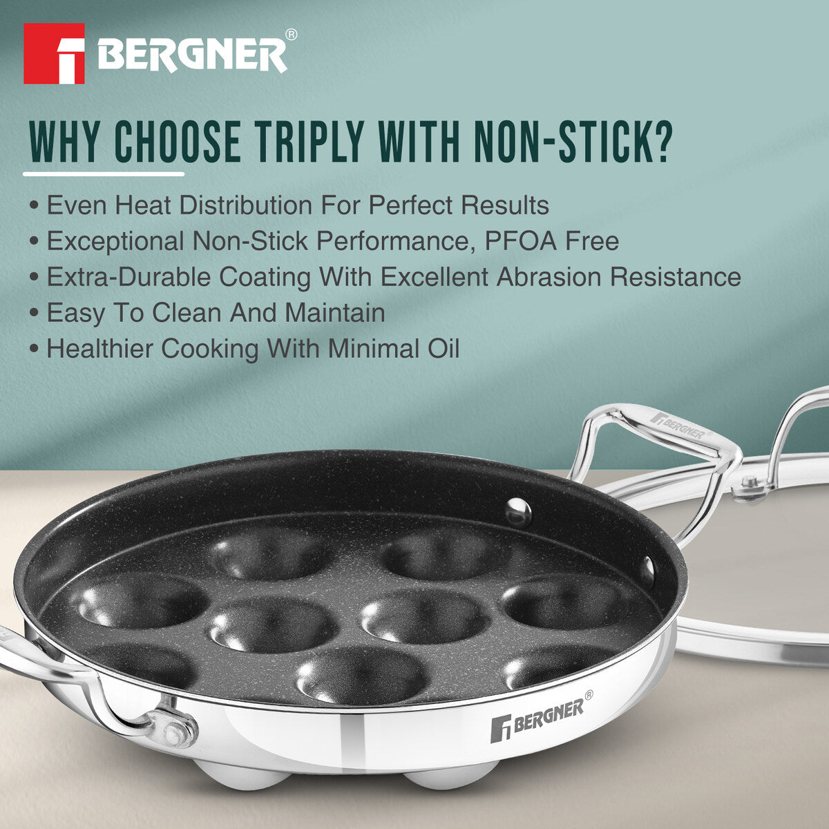 BERGNER Argent Samsara Triply Stainless Steel 11 Pits (25cm) Round Paniyarakkal with Glass Lid, Paniyaram with Quantanium Non-Stick Coating, Consumes Less Oil, Healthy Cooking - Induction Compatible
