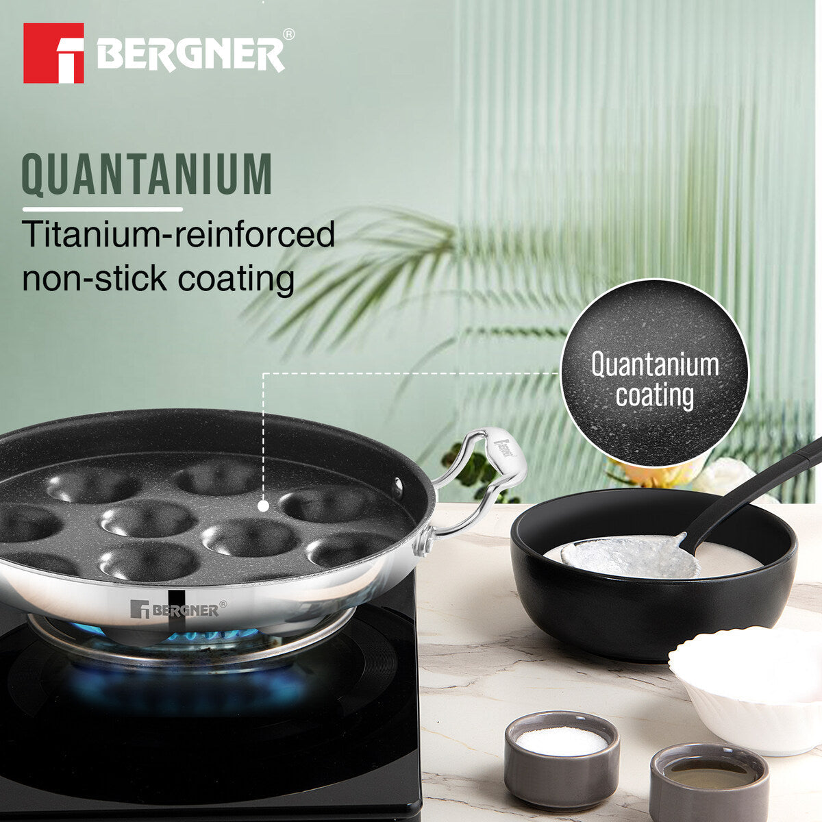 BERGNER Argent Samsara Triply Stainless Steel 11 Pits (25cm) Round Paniyarakkal with Glass Lid, Paniyaram with Quantanium Non-Stick Coating, Consumes Less Oil, Healthy Cooking - Induction Compatible