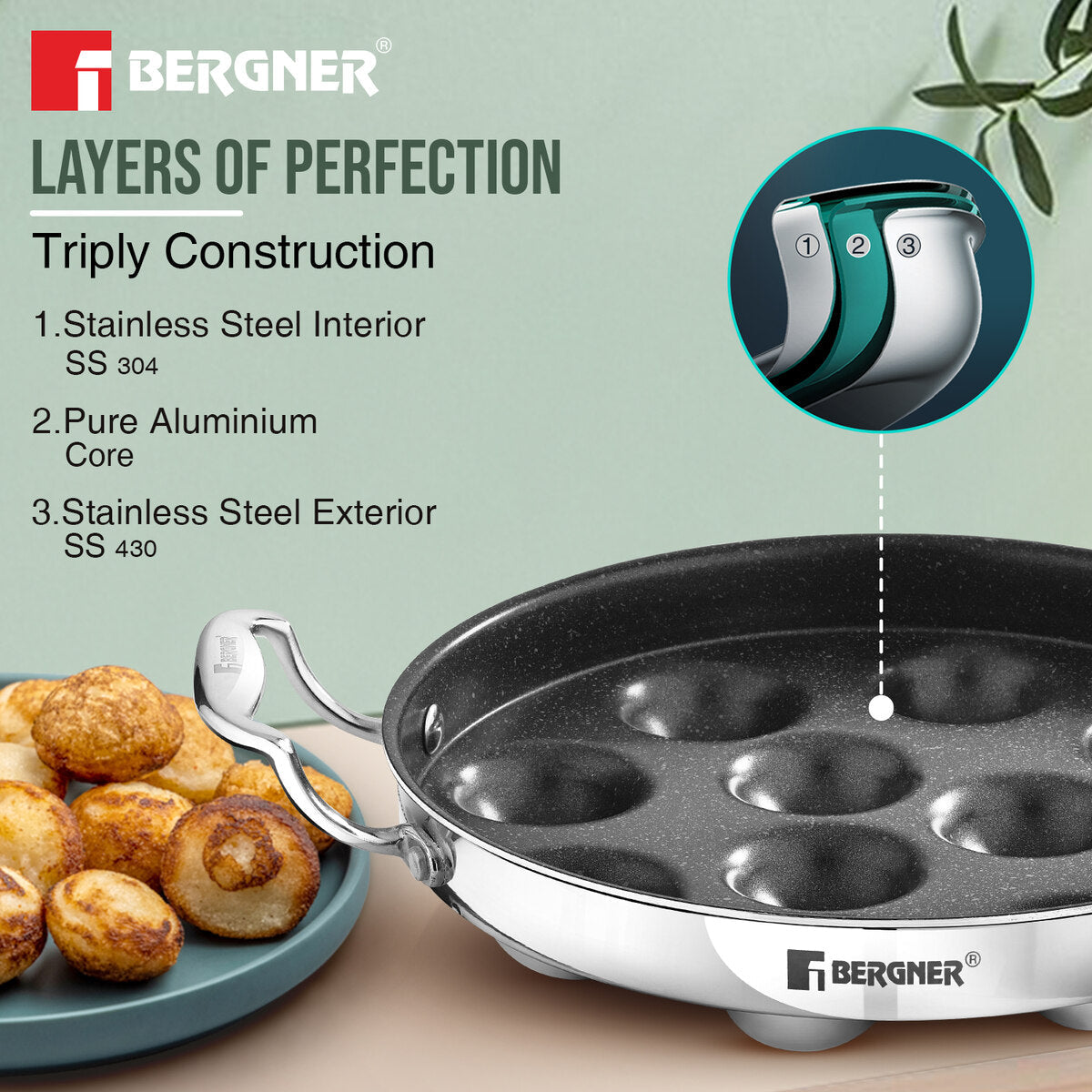 BERGNER Argent Samsara Triply Stainless Steel 11 Pits (25cm) Round Paniyarakkal with Glass Lid, Paniyaram with Quantanium Non-Stick Coating, Consumes Less Oil, Healthy Cooking - Induction Compatible