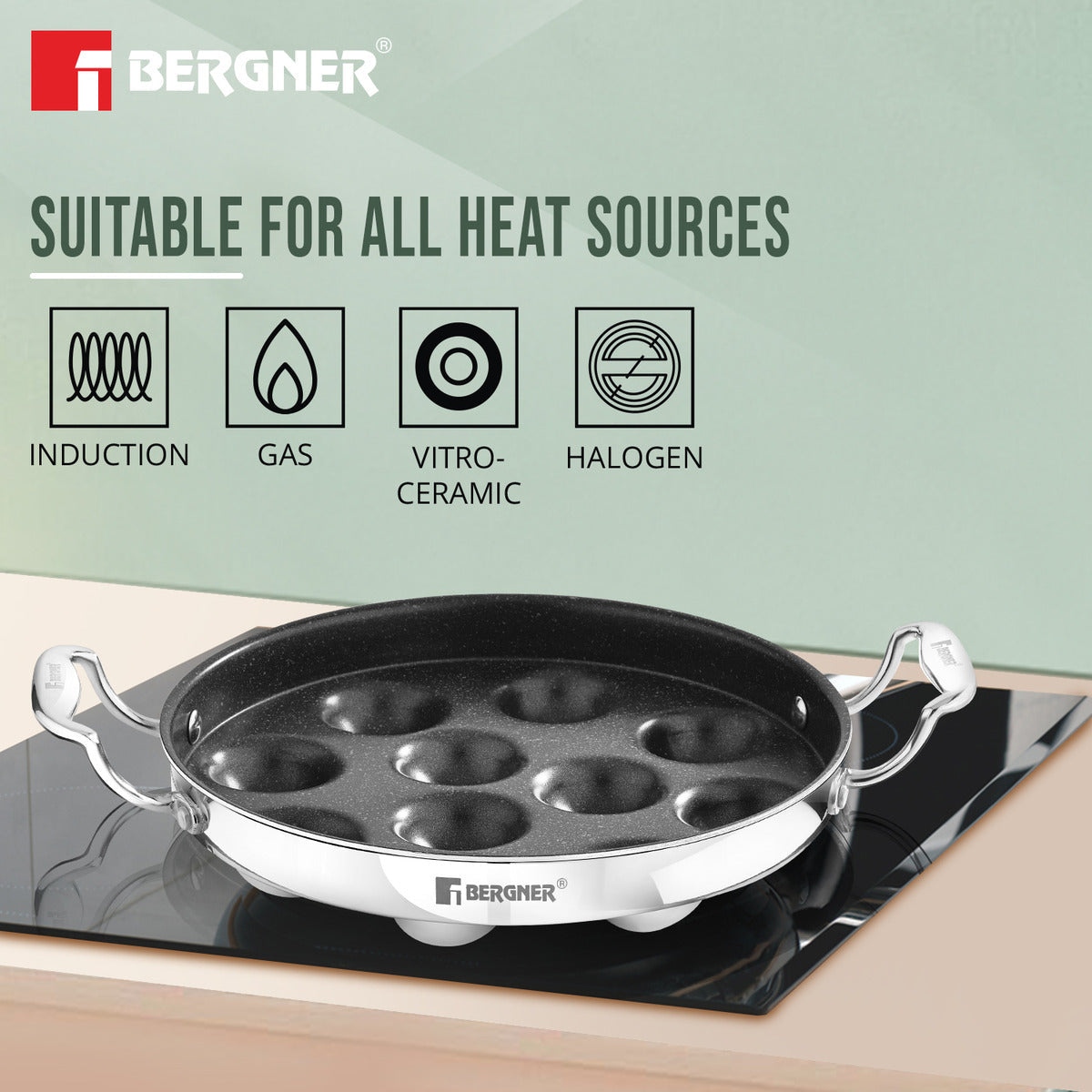 BERGNER Argent Samsara Triply Stainless Steel 11 Pits (25cm) Round Paniyarakkal with Glass Lid, Paniyaram with Quantanium Non-Stick Coating, Consumes Less Oil, Healthy Cooking - Induction Compatible
