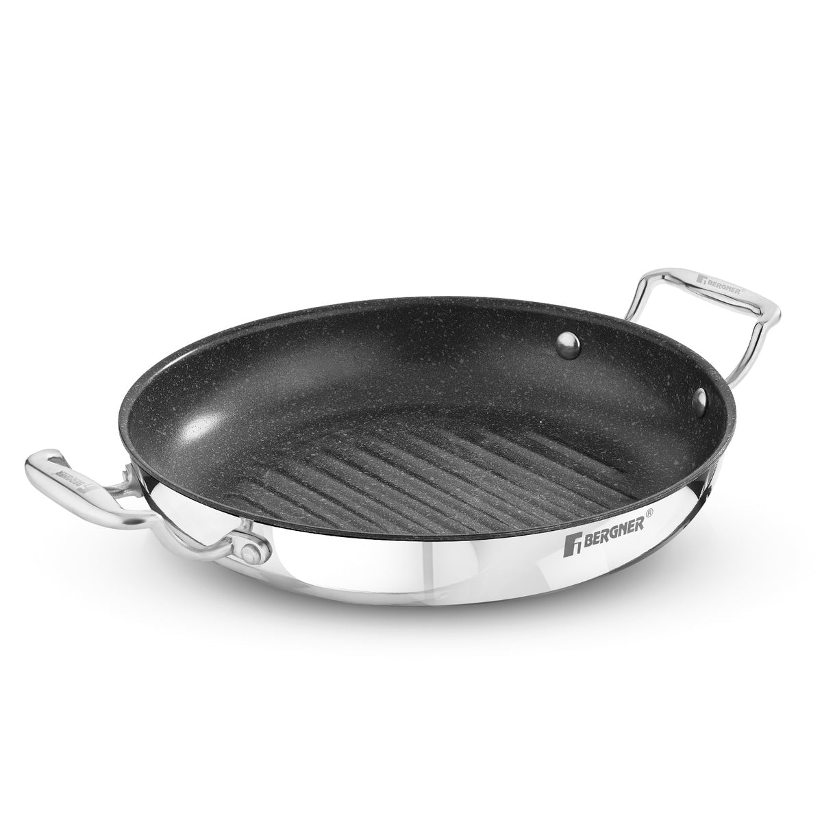 BERGNER Argent Samsara Triply Stainless Steel 26cm Round Grill Pan with Quantanium Non-Stick Coating, Consumes Less Oil, Healthy Cooking, Even and Fast Heating, Easy to Clean - Induction Compatible