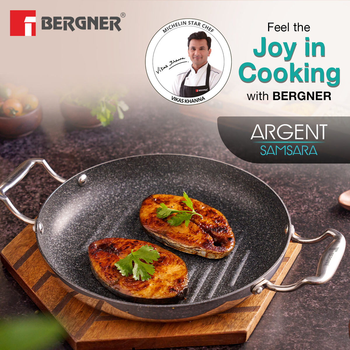 BERGNER Argent Samsara Triply Stainless Steel 26cm Round Grill Pan with Quantanium Non-Stick Coating, Consumes Less Oil, Healthy Cooking, Even and Fast Heating, Easy to Clean - Induction Compatible