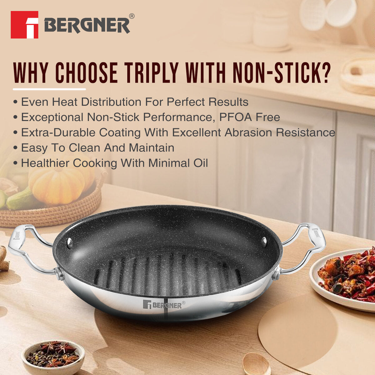 BERGNER Argent Samsara Triply Stainless Steel 26cm Round Grill Pan with Quantanium Non-Stick Coating, Consumes Less Oil, Healthy Cooking, Even and Fast Heating, Easy to Clean - Induction Compatible