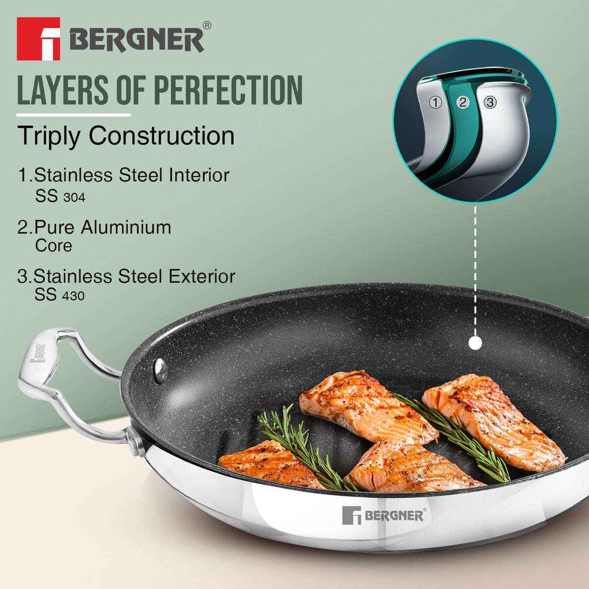 BERGNER Argent Samsara Triply Stainless Steel 26cm Round Grill Pan with Quantanium Non-Stick Coating, Consumes Less Oil, Healthy Cooking, Even and Fast Heating, Easy to Clean - Induction Compatible